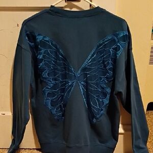 Tricia Fix Teal Butterfly Design Crewneck Sweater